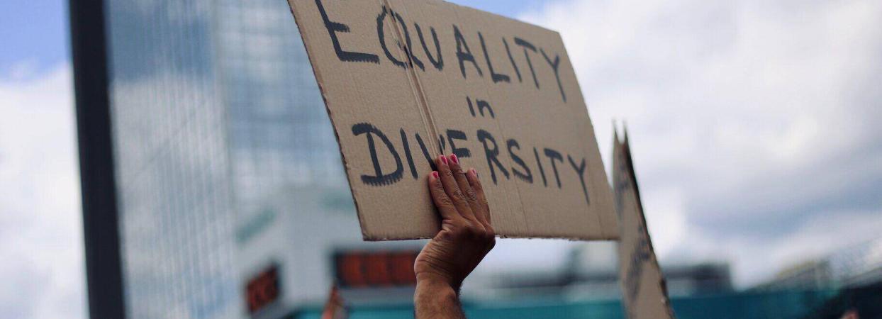 woman holding sign that says equality in diversity