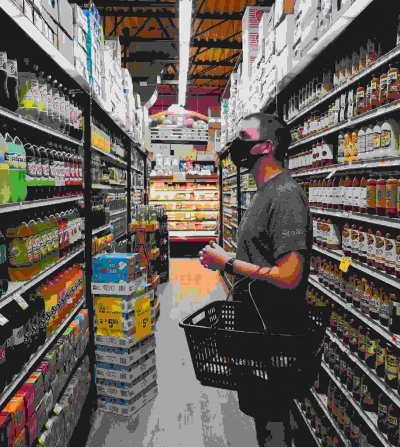 man looking at beverages in a grocery aisle