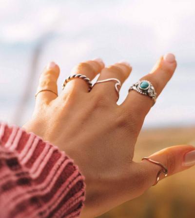 hand covered in jewelry