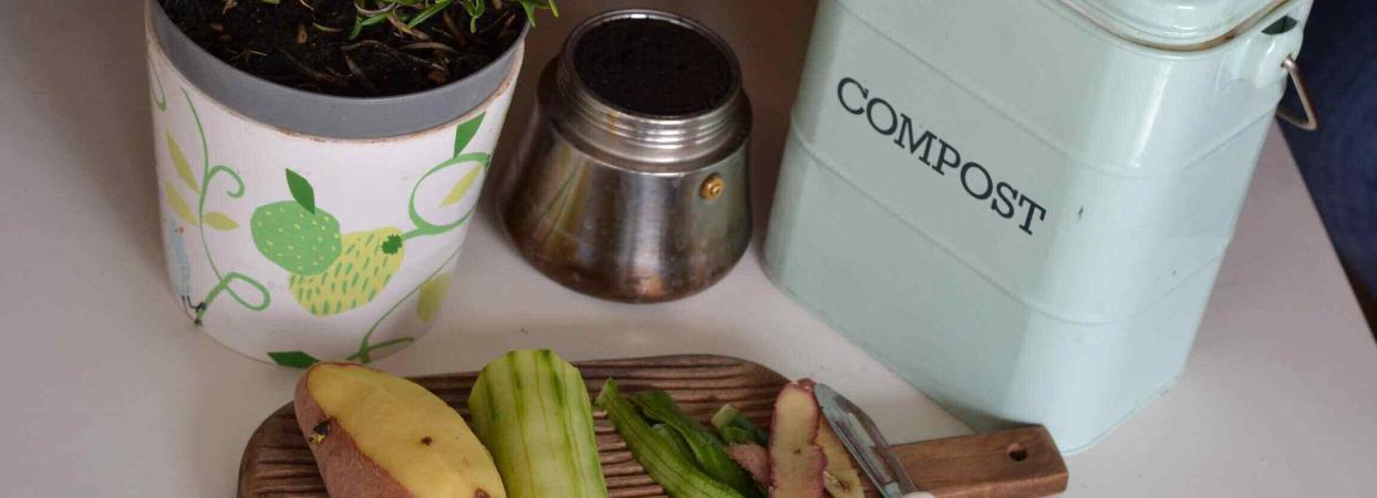 food scraps next to a compost bin