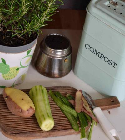 food scraps next to a compost bin