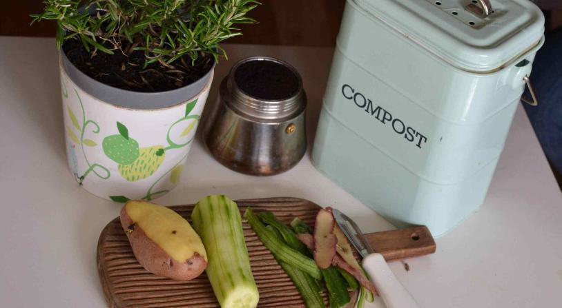 food scraps next to a compost bin